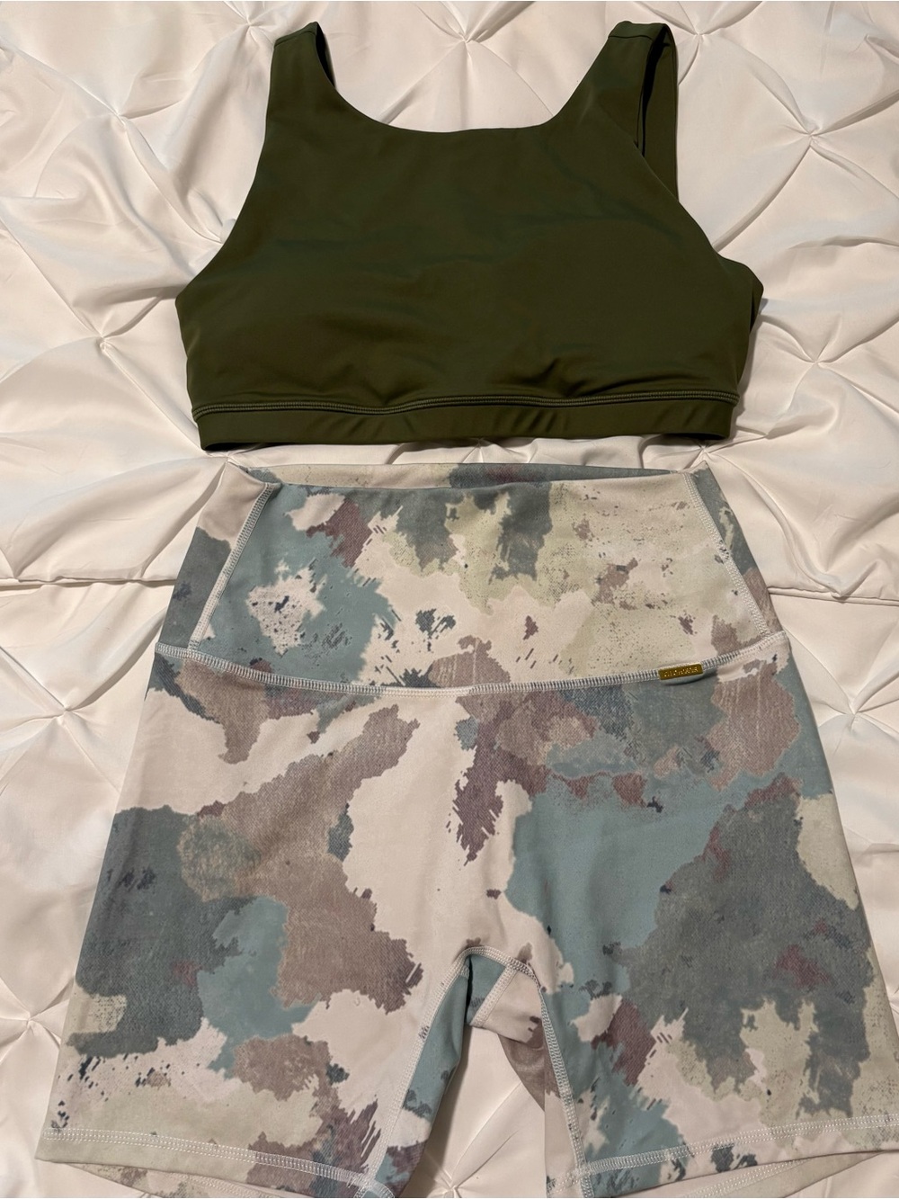 Cleo Harper Sports Bra & Shorts 2pc Workout Set, Green & Watercolor Size Large